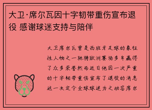 大卫·席尔瓦因十字韧带重伤宣布退役 感谢球迷支持与陪伴 大卫·席尔瓦因十字韧带重伤宣布退役 感谢球迷支持与陪伴